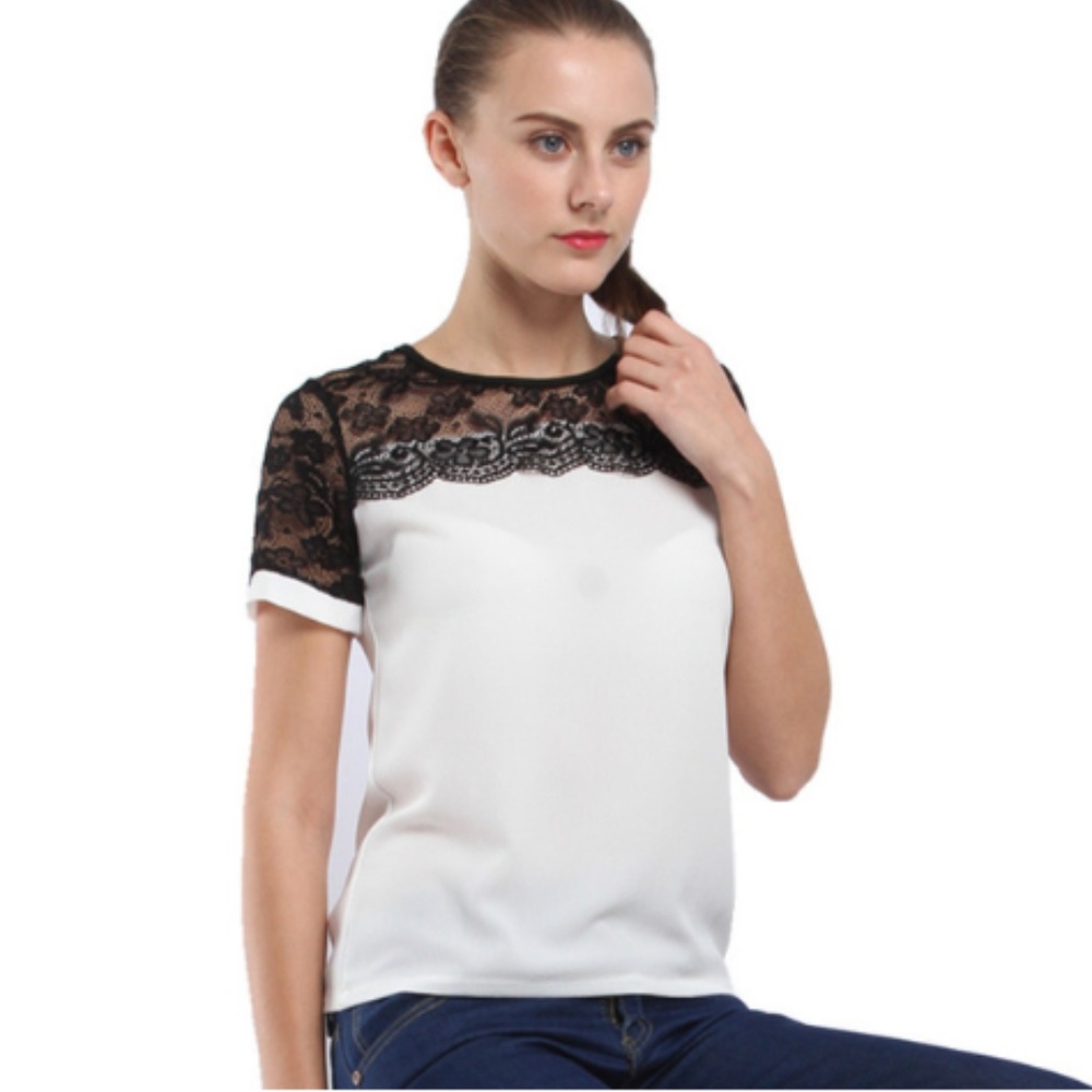 White & Black Lace Chiffon Blouse